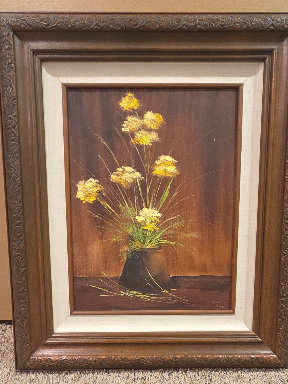 Vintage Floral Oil Painting in Wooden Frame 20x25" Yellow Floral Original Signed